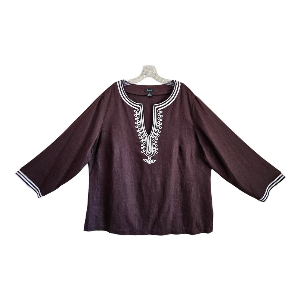 STYLE & CO Women Plus 22 Linen Tunic Top Chocolate Brown Embroidered 52" NEW